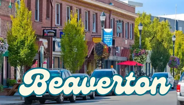 Streetscape of downtown Beaverton with shops and sidewalks.