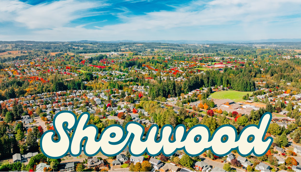 Aerial view of Sherwood, Oregon neighborhoods in autumn