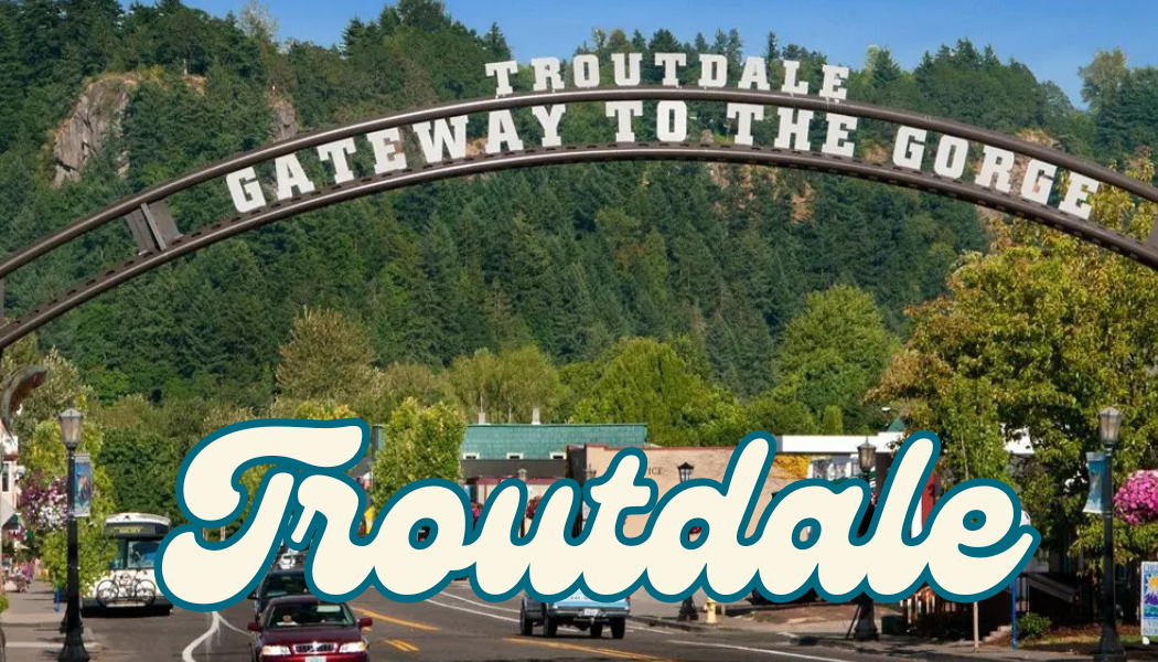 Gateway to the Gorge sign over downtown Troutdale, Oregon